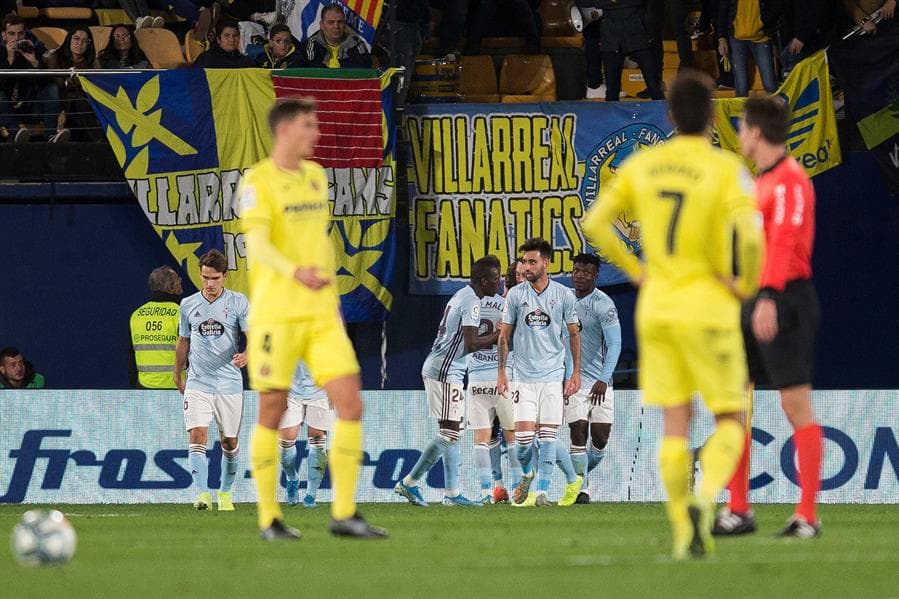 Los jugadores del Celta celebran el gol ante el Villarreal.