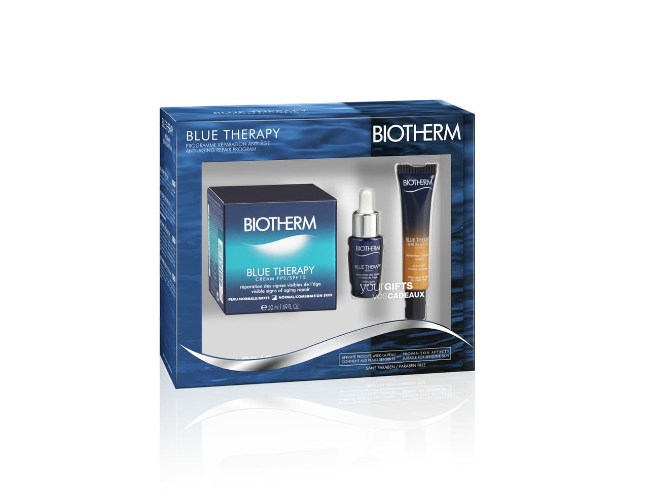 Para él: Regálale una rutina de grooming completa con el Kit de Biotherm, conformado por una crema hidratante Blue Therapy con SPF 15 incluido, un suero anti-edad y un tratamiento nocturno que regenera visiblemente la piel mientras duerme.