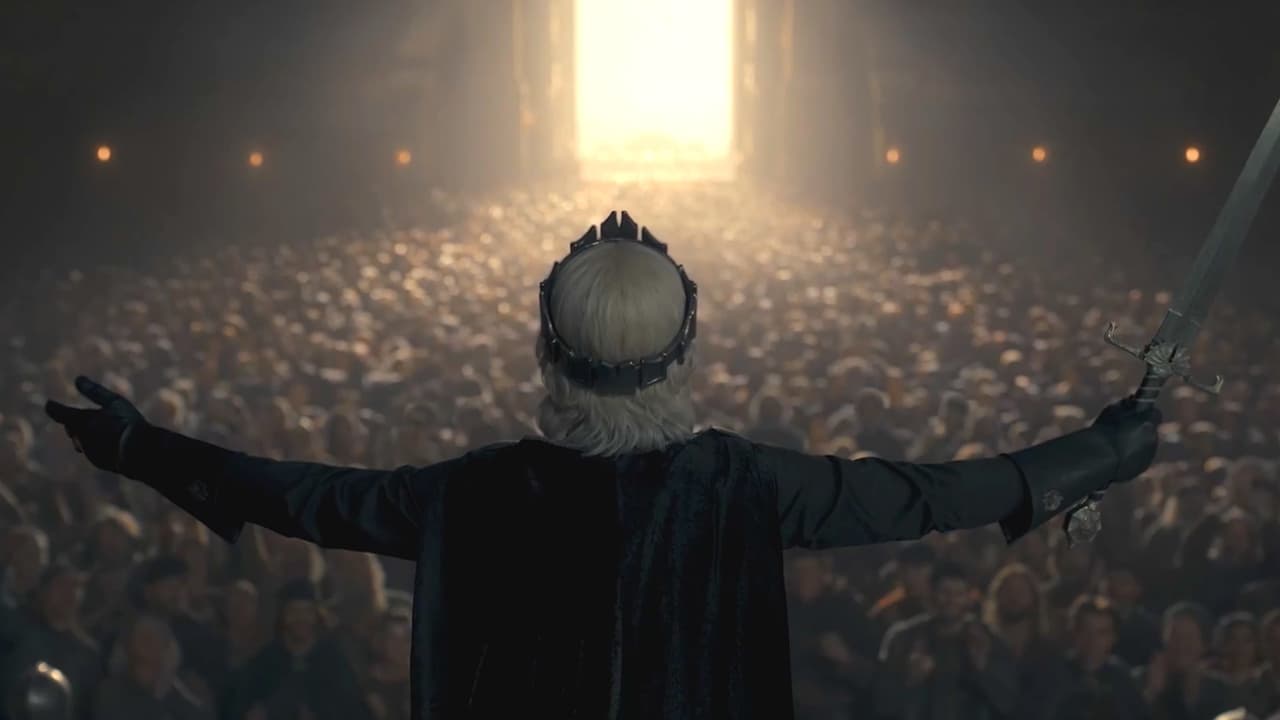 El rey Aegon II Targaryen con la corona y espada del primer Aegon.