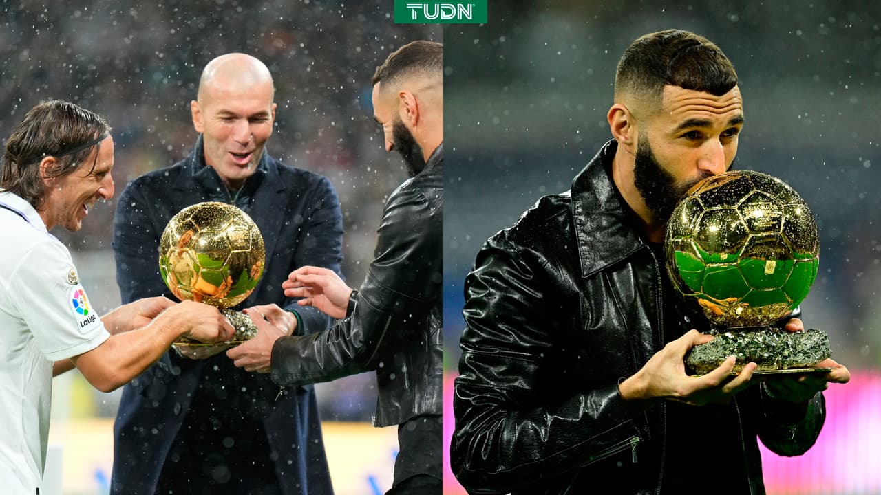 Benzema recibe el Balón de Oro en el Bernabéu de las manos de Zidane y Modric