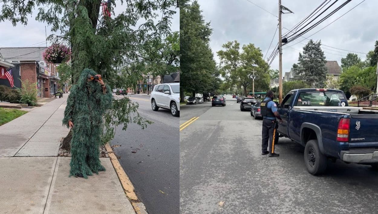 Un policía de Dunellen, Nueva Jersey, se disfrazó de arbusto durante un operativo para detectar a conductores que utilizaban el celular mientras manejaban.