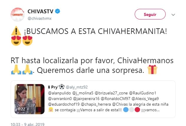 Esta acción, sorprendió al equipo, que se mostró orgulloso de Danna en su cuenta de Twitter, al grado de publicar un tuit donde se puede leer: "Buscamos a esta chivahermanita. RT hasta localizarla, por favor, chivahermanos. Queremos darle una sorpresa".