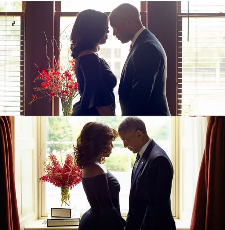 Una imagen que causó revuelo. Poco antes de dejar la Casa Blanca, Michelle y Barack Obama posaron así de sugerentes para la portada de la revita Essence. La imagen no podía faltar en el album de Cassi y Adam.