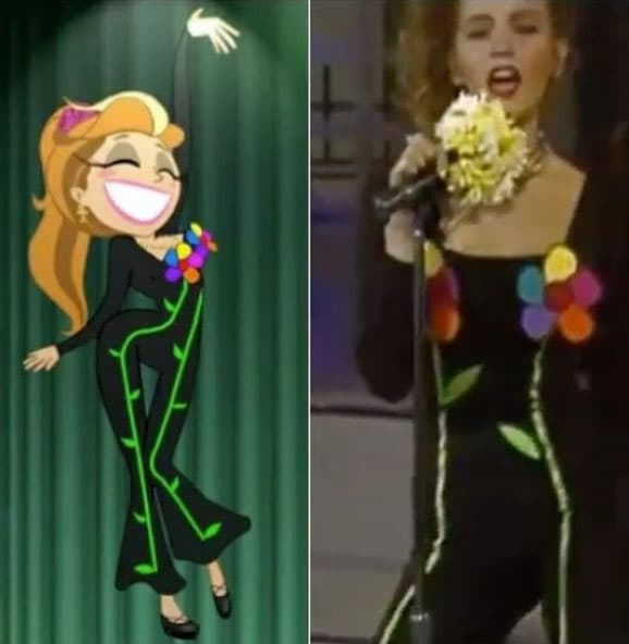 Curiosamente este atuendo es el mismo del inicio de su carrera, cuando cantaba "Un pacto entre los dos".