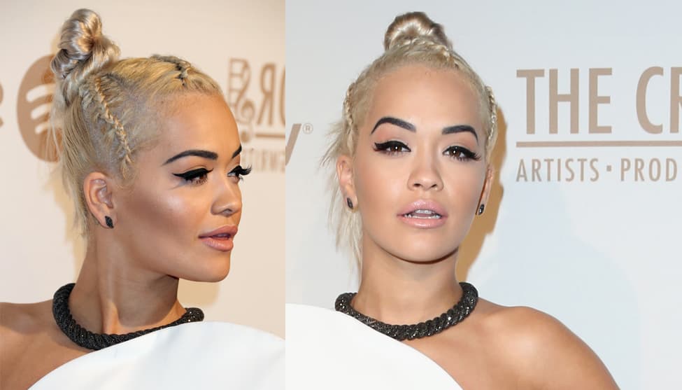 Recogido con trenzas: Imita el look de Rita Ora. Divide el pelo en 3 secciones y en cada una de ella haz una trenza, hasta la altura media de tu pelo. Puedes hacer trenzas francesas, la clásica trenza de 3 cabos o de 2 cabos. Cada trenza sujétela con una liga y después une las tres formando un moño.