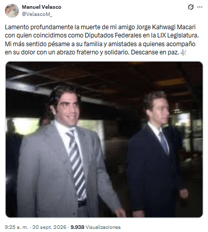 Manuel Velasco lamentó el fallecimiento de Jorge Kahwagi.