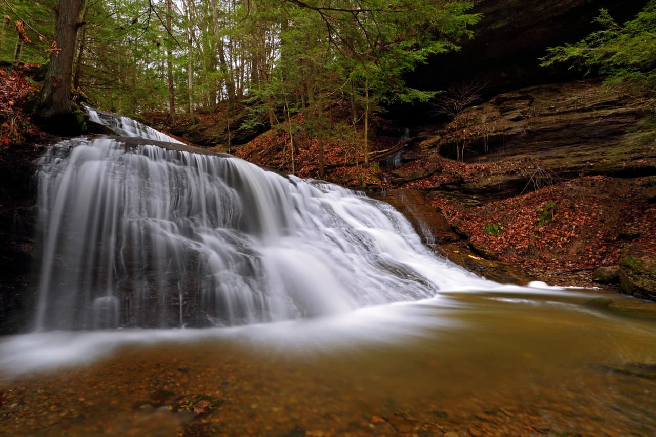 Ofrece una experiencia serena y aislada después de una caminata relativamente plana de 0.5 millas a lo largo de Hell's Run a través del área natural Slippery Rock Gorge del parque.