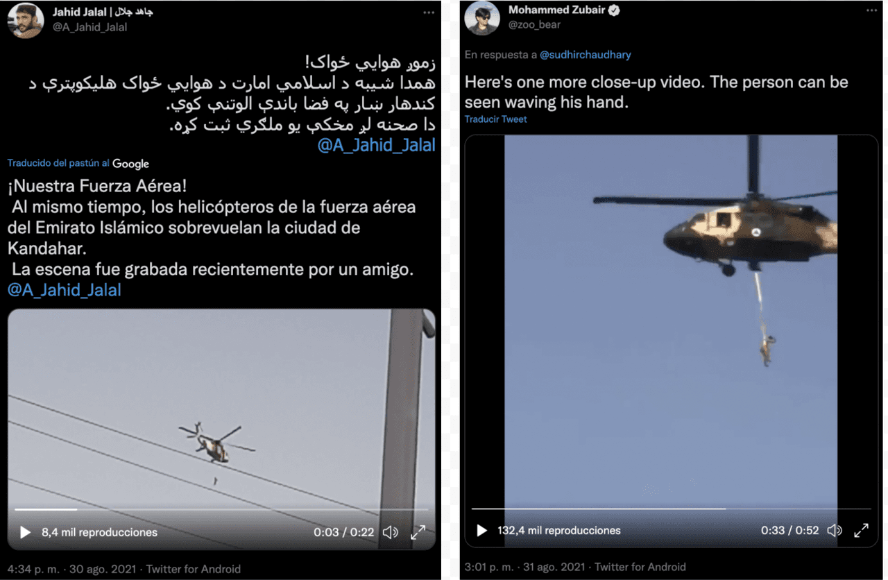 Captura de pantalla de las cuentas de Twitter de Jahid Jalal (I) el 30/8/2021 y del periodista indio Mohammed Zubair (D) el 31/8/2021.