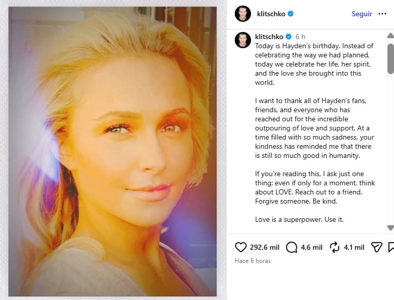 Wladimir Klitschko, papá de la hija de Hayden Panettiere, le dedicó a la actriz un mensaje en el que habría sido su cumpleaños.