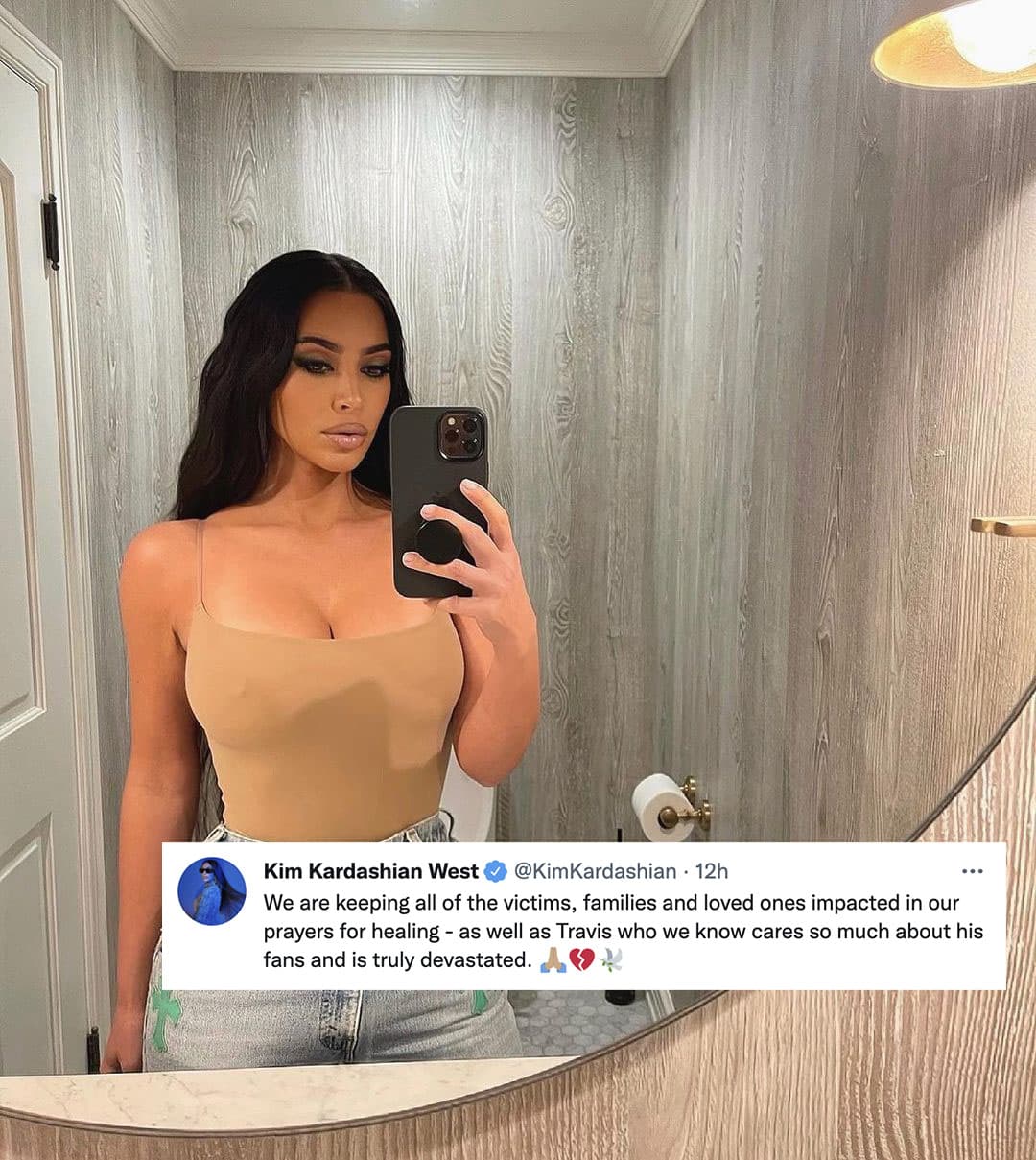 “Mantenemos a todas las víctimas, familias y seres queridos que fueron impactados en nuestras oraciones por su sanación, así como a Travis, quien sabemos que se preocupa mucho por sus fanáticos y está realmente devastado”, escribió Kim en su cuenta de Twitter.