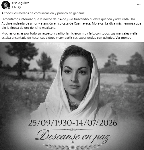 Elsa Aguirre falleció en su casa de Cuernavaca, Morelos.