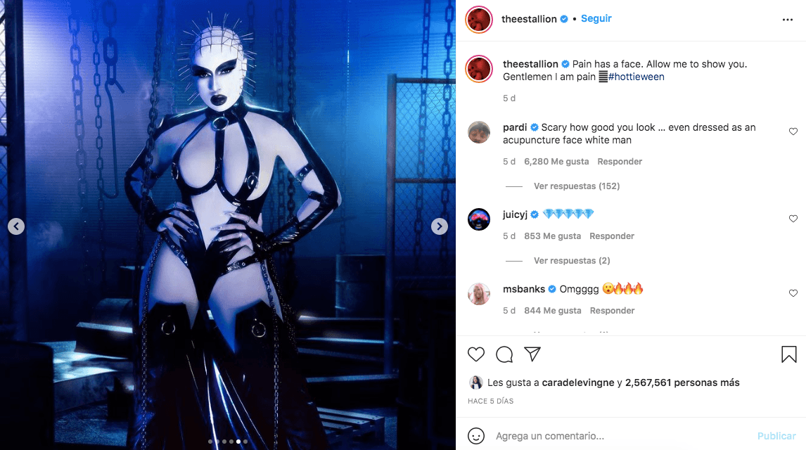 <b>Megan Thee Stallion</b>
<br>La cantante se transformó en una sensual versión de Pinhead, el líder de los cenobitas de la saga de películas de terror 'Hellraiser: Puerta al infierno'