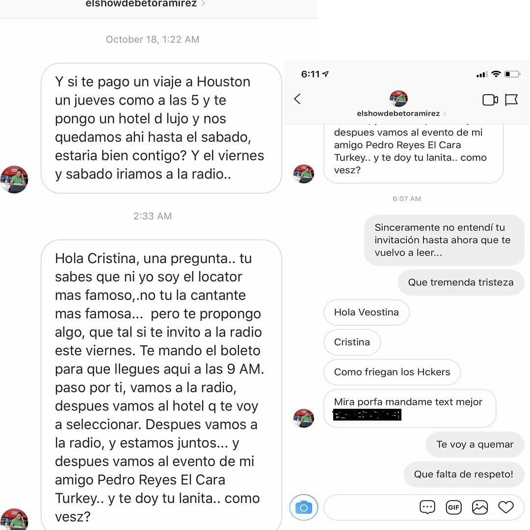 En los que se lee que supuestamente el locutor Beto Ramírez, de la radio 920 AM de Houston, le hacía una propuesta indecorosa.