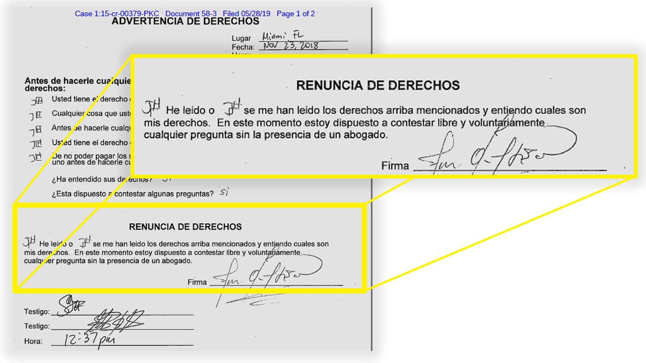 Una copia de la declaración jurada de arresto de 'Tony' Hernández, 23 de noviembre de 2018.
