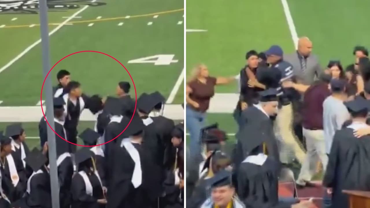 Burla por ser querido muerto termina en golpes: Video capta el momento en que varios estudiantes inician una pelea en su graduación
