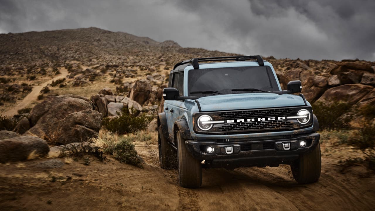 Pre-production 2021 Bronco four-door Badlands series with available Sasquatch™ off-road package in Cactus Gray in Johnson Valley, California.