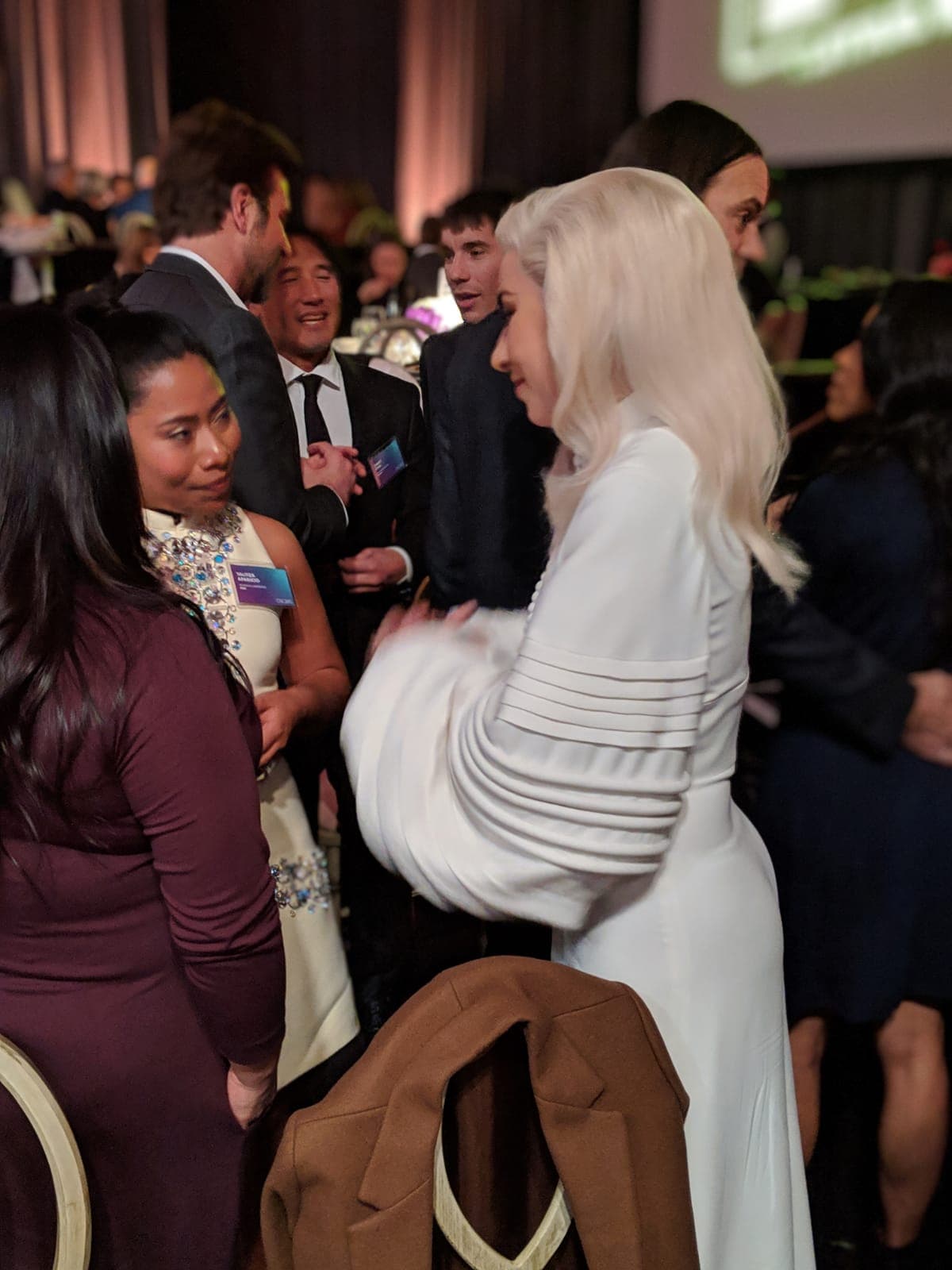 Stefani Joanne Angelina Germanotta, nombre real de la cantante, vistió de blanco y se mostró siempre
<b><a href="https://www.univision.com/shows/despierta-america/asi-fue-el-paso-de-yalitza-aparicio-por-el-almuerzo-de-los-nominados-a-los-premios-oscar-video">sonriente durante su charla con la protagonista de 'Roma'</a></b>.