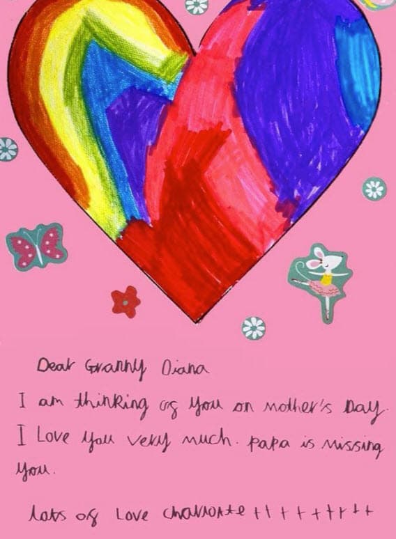 La princesa Charlotte escribió la que podría ser la carta más emotiva, en una tarjeta rosa con un corazón de colores dibujado en el frente: "Querida abuelita Diana. Estoy pensando en ti el Día de la Madre. Te quiero mucho.
<b><a href="https://www.univision.com/entretenimiento/el-principe-william-habla-sobre-como-le-afecto-la-muerte-de-la-princesa-diana" target="_blank">Papá te extraña</a></b>".
<br>