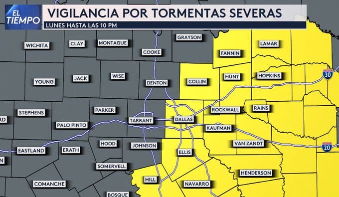 Emiten Vigilancia por tormentas severas hasta las 10pm para varios condados del norte de Texas