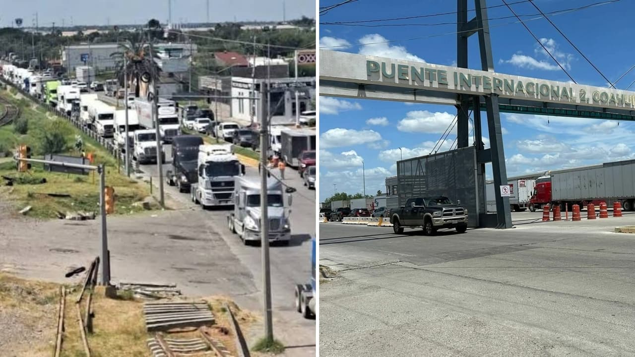 Tráileres de carga en la frontera entre Eagle Pass, Texas, y Piedras Negras, Coahuila.