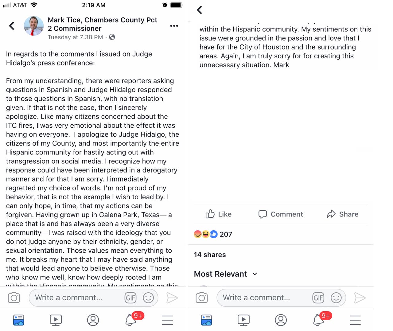 El post de la disculpa publicada por Mark Tice en Facebook que fue borrado este jueves.