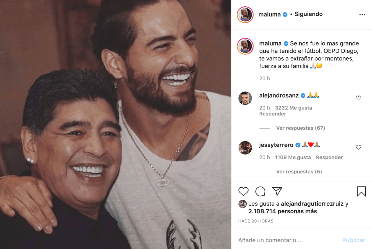 “Se nos fue lo más grande que ha tenido el fútbol. QEPD Diego, te vamos a extrañar por montones, fuerza a su familia”, escribió
<b>Maluma</b> que es muy fanático del fútbol.