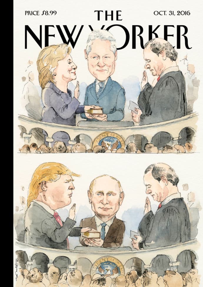 <b>31 DE OCTUBRE DE 2016.</b> Antes de la elección de noviembre de 2016 hizo la portada
<b><i>"<a href="http://www.newyorker.com/culture/culture-desk/cover-story-2016-10-31" target="_blank">Significant Others</a>" </i></b>(Los otros importantes).
<i> </i>"Ambos candidatos parecen estar en una relación de amor en este momento. Pero vale la pena señalar que, en el caso de una presidencia de Trump,
<b>Vladimir Putin sería el primer 'primer consorte'</b> nacido en el extranjero desde (la primera dama) Louisa Adams", dijo Barry Blitt sobre la ilustración. Sus obras se caracterizan por el humor político de tono sarcástico.