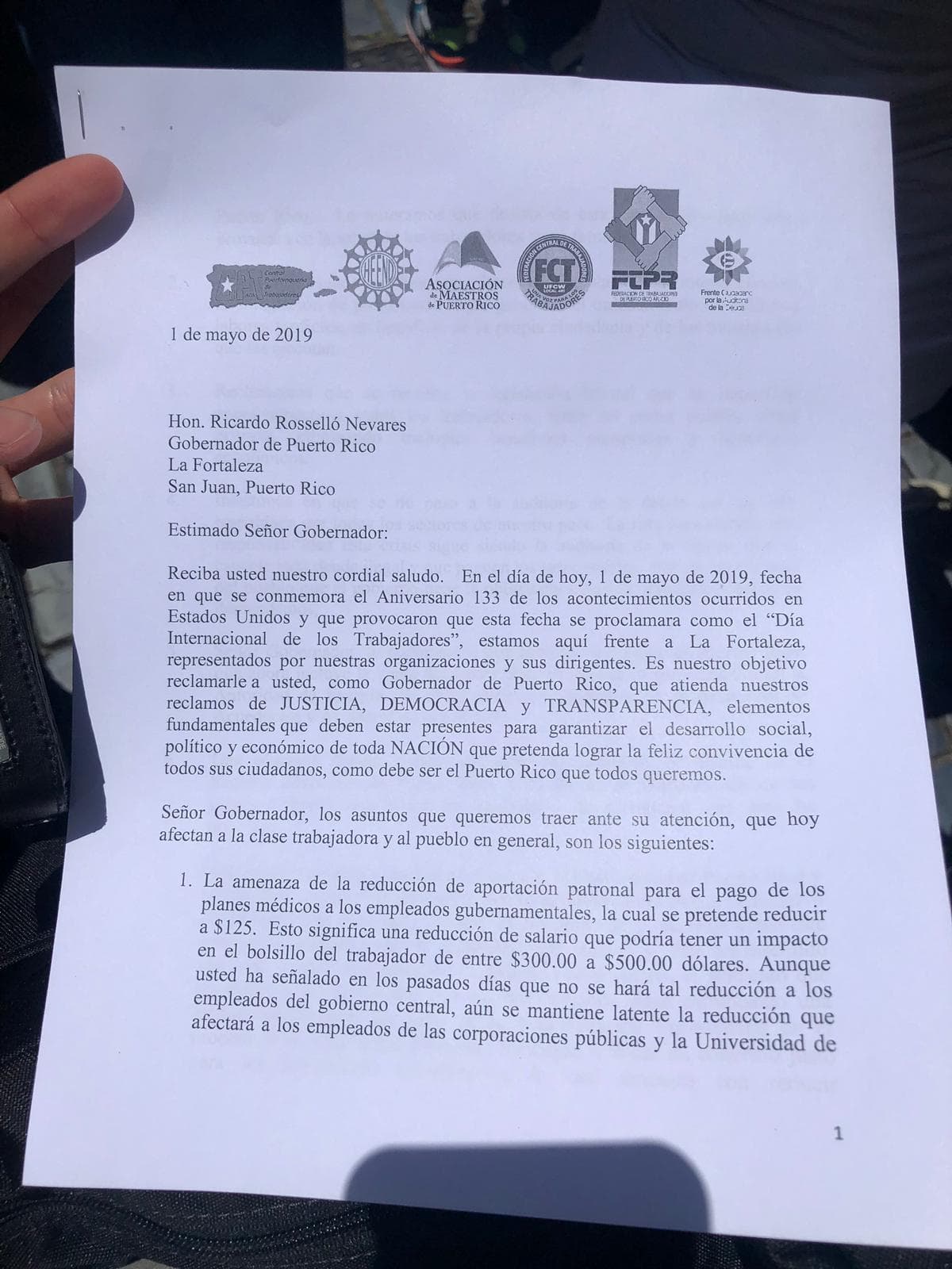 Carta de los obreros al gobernador Ricardo Rosselló
