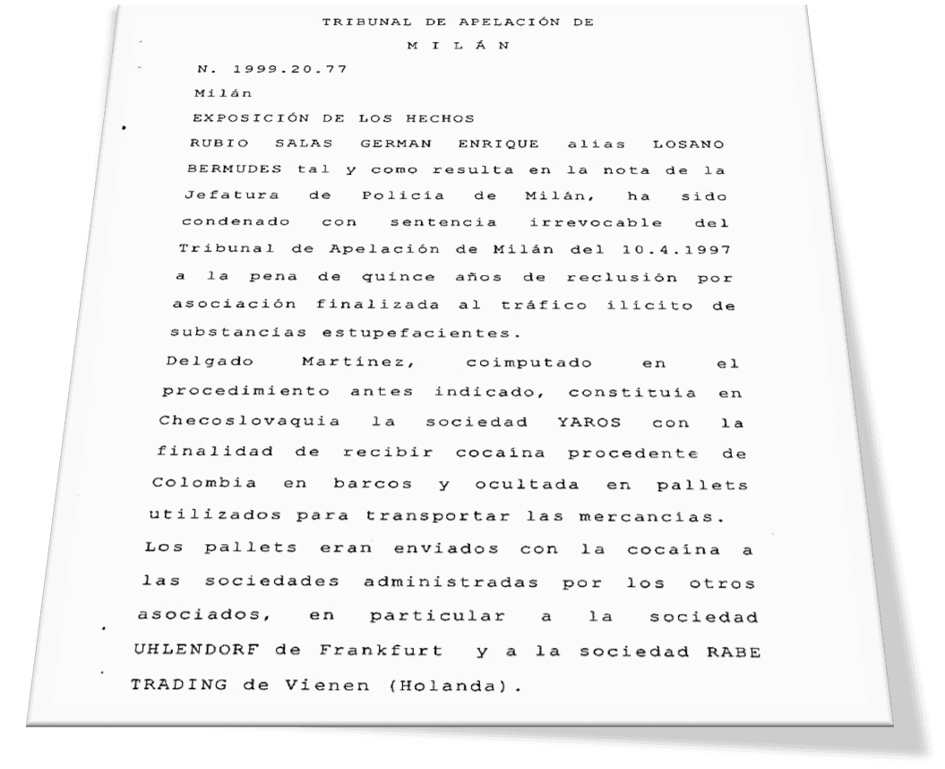 Encabezamiento de la sentencia de condena a Germán Enrique Rubio (alias Pulido) del Tribunal de Apelación de Milán traducida por la cancillería colombiana.
<br>