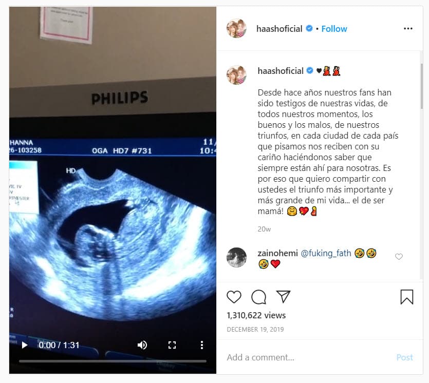 Con un video del ultrasonido la cantante compartió la noticia: "Desde hace años nuestros fans han sido testigos de nuestras vidas, de todos nuestros momentos, los buenos y los malos, de nuestros triunfos, en cada ciudad de cada país que pisamos nos reciben con su cariño haciéndonos saber que siempre están ahí para nosotras. Es por eso que quiero compartir con ustedes el triunfo más importante y más grande de mi vida... el de ¡ser mamá!", se lee.