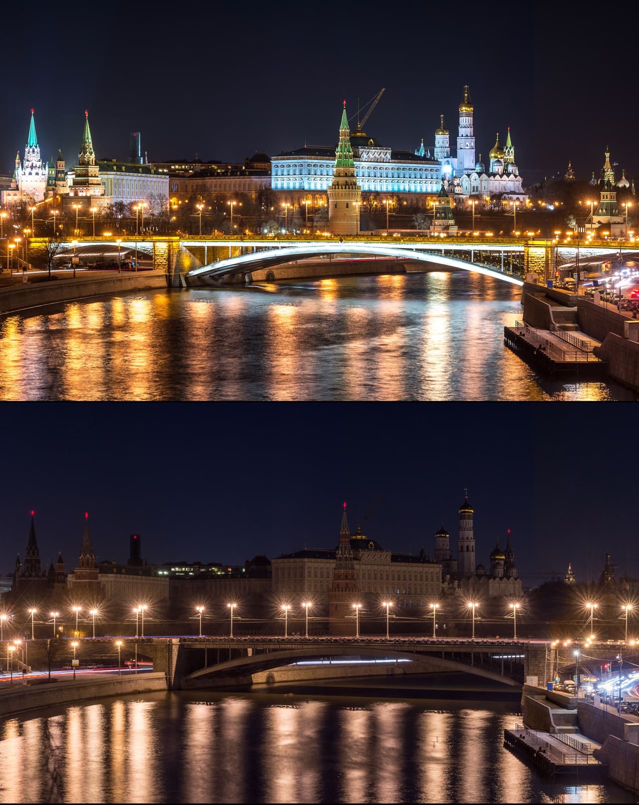 Una vista del Kremlin, en Rusia, con las luces encendidas y luego en la penumbra.