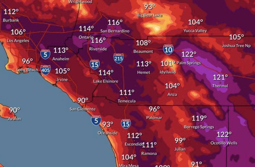 En Burbank se registraron 114 ° F dígitos que superaron el récord en el área registrado en 2018. En el Aeropuerto de Van Nuys se registraron 116 grados y Aeropuerto de Palmdale unos 111 grados, mientras que el condado imperial el pronóstico para el fin de semana del 6 de septiembre se estimó entre 111 a 120 grados.
<br>