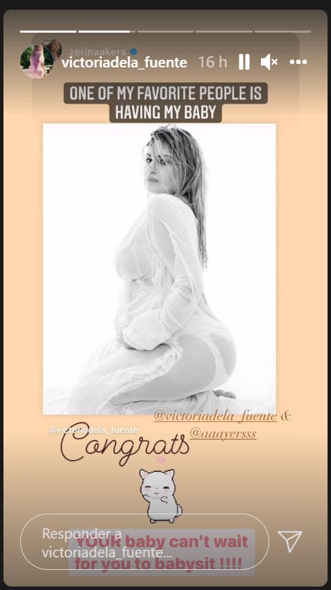 Como pie de la imagen, la hija mayor de Laura Bozzo solo escribió: "Actualización de vida. Parte 1". Sin embargo, para que no quepa duda de su estado, una de sus amigas, la diseñadora de modas Alana Hadid, la felicitó por la llegada de su próximo bebé, algo que Victoria de la Fuente agradeció.
<br>