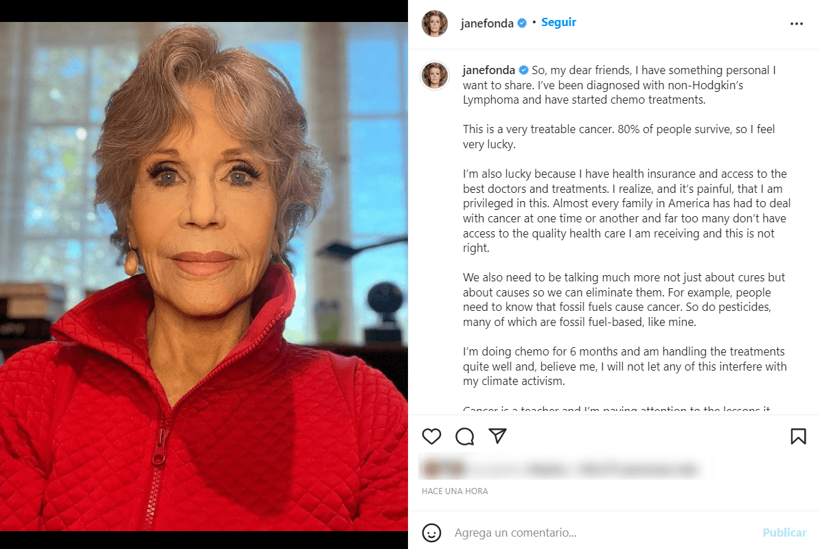 A través de su cuenta de Instagram, la actriz Jane Fonda anunció que padece la enfermedad de Hodgkin.