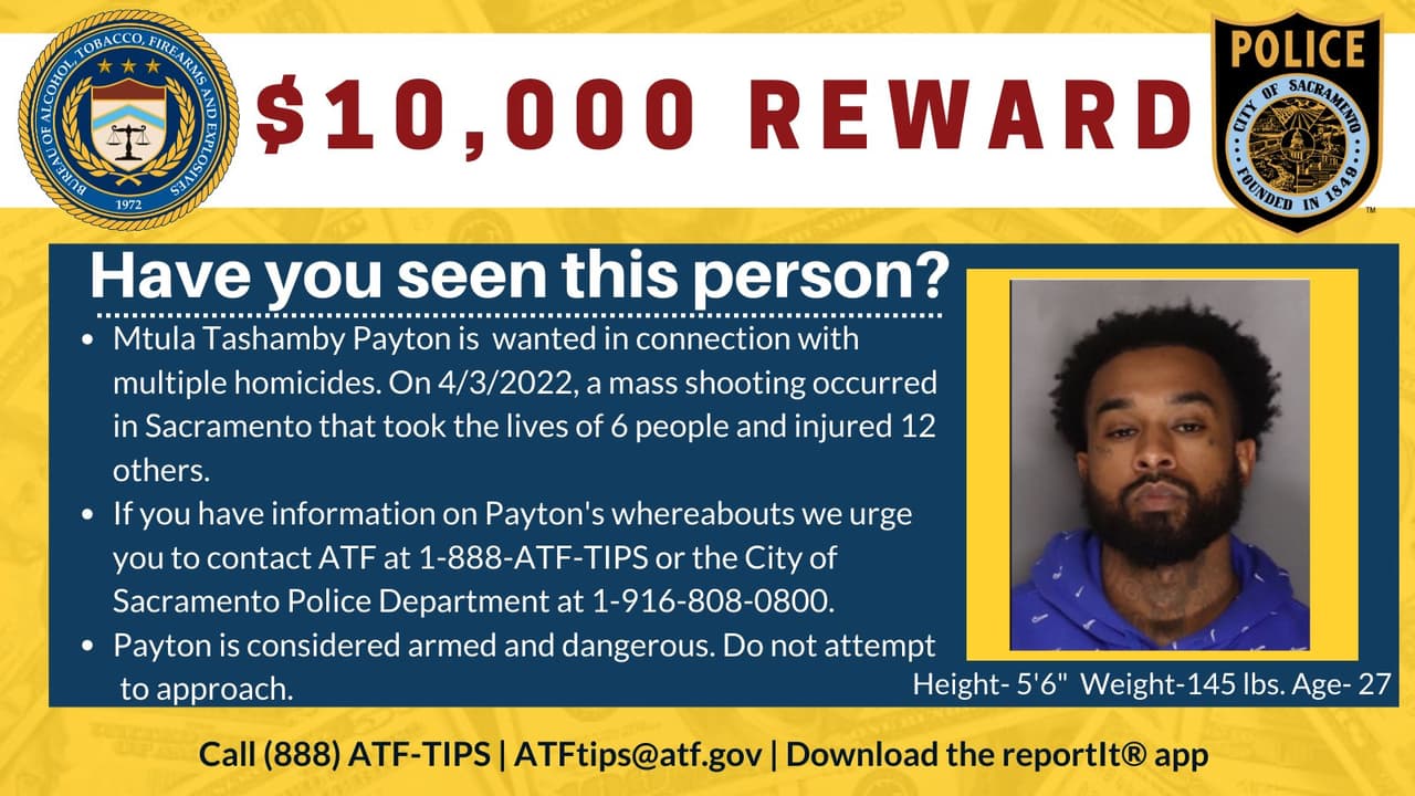 Cartel publicado en redes sociales con los datos de la recompensa ofrecida por el arresto de Mtula Payton.