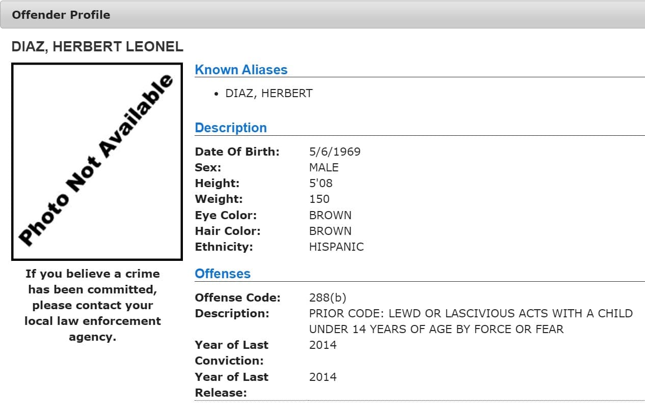 Registro de Herbert Leonel Díaz como agresor sexual en California.
