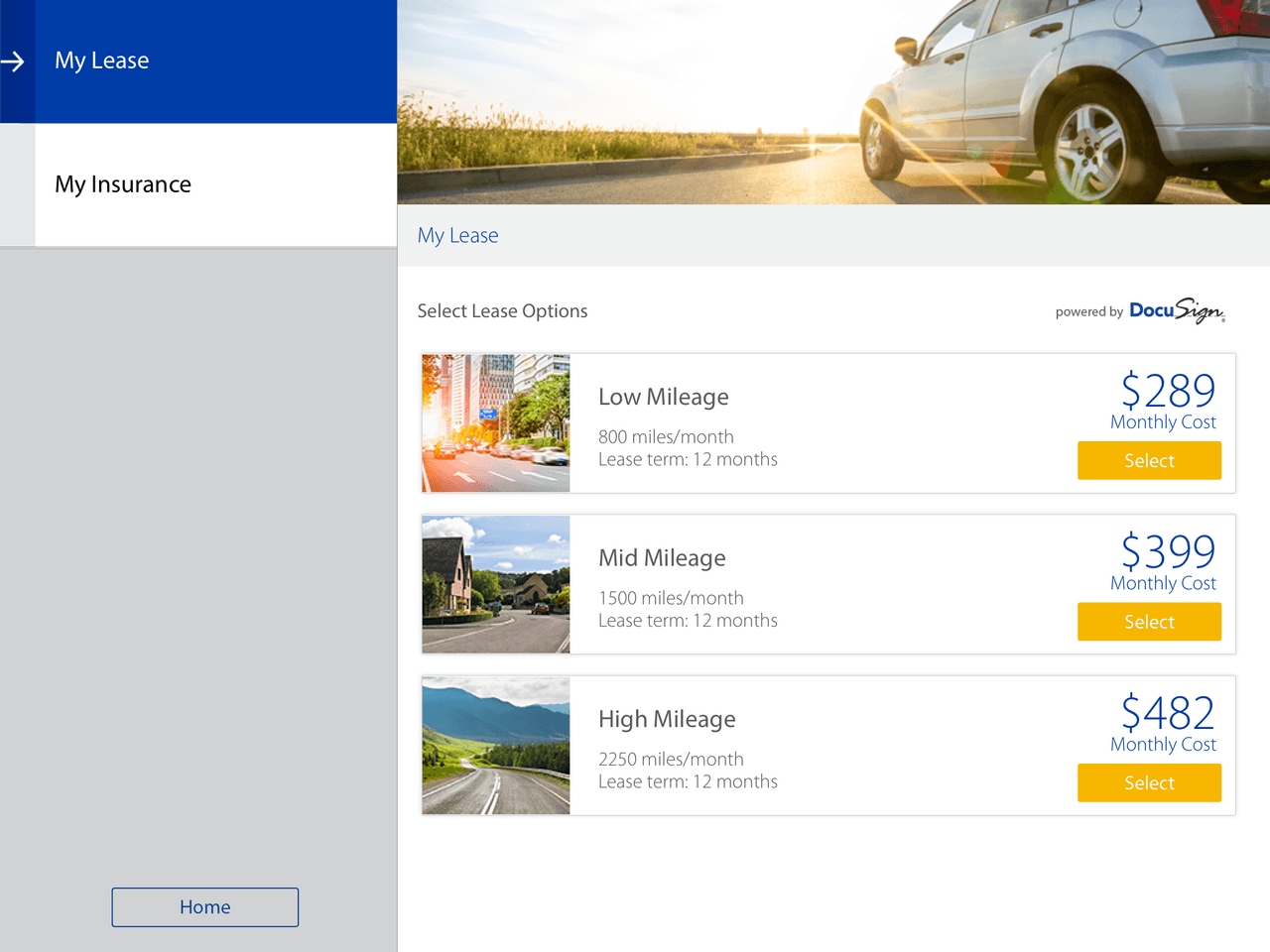 Interface de la app con el menú de leasing
