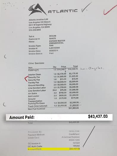 Factura que muestra parte de los gastos del viaje México- Los Ángeles, con un gasto de 16,348 dls en alimetación y un total de 43,437 dls en servicios de terceros.