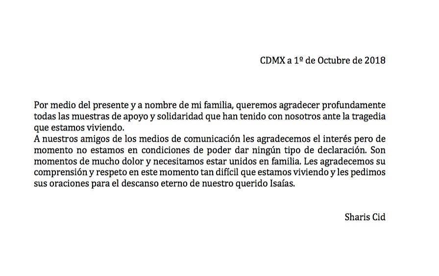 Además confirmó la tragedia y pidió respeto al doloroso momento que viven ella y la familia de su pareja, a través de un comunicado difundido en sus redes sociales.
