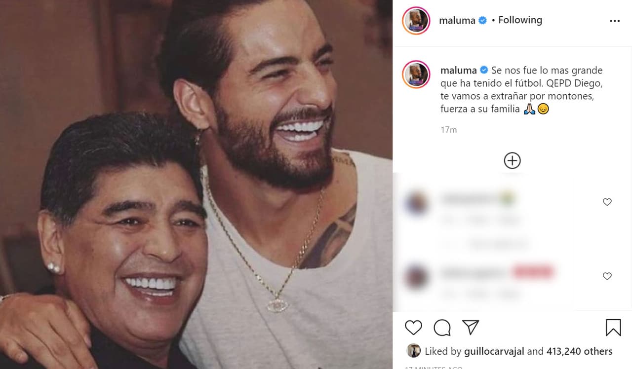 Maluma reaccionó ante el dolor que representa este fallecimiento: "Se nos fue lo más grande que ha tenido el futbol. Que en paz descanse.
<b><a href="https://www.instagram.com/p/CIBYQaFn3A1/" target="_blank">Diego, te vamos a extrañar </a></b>por montones, fuerza a su familia".