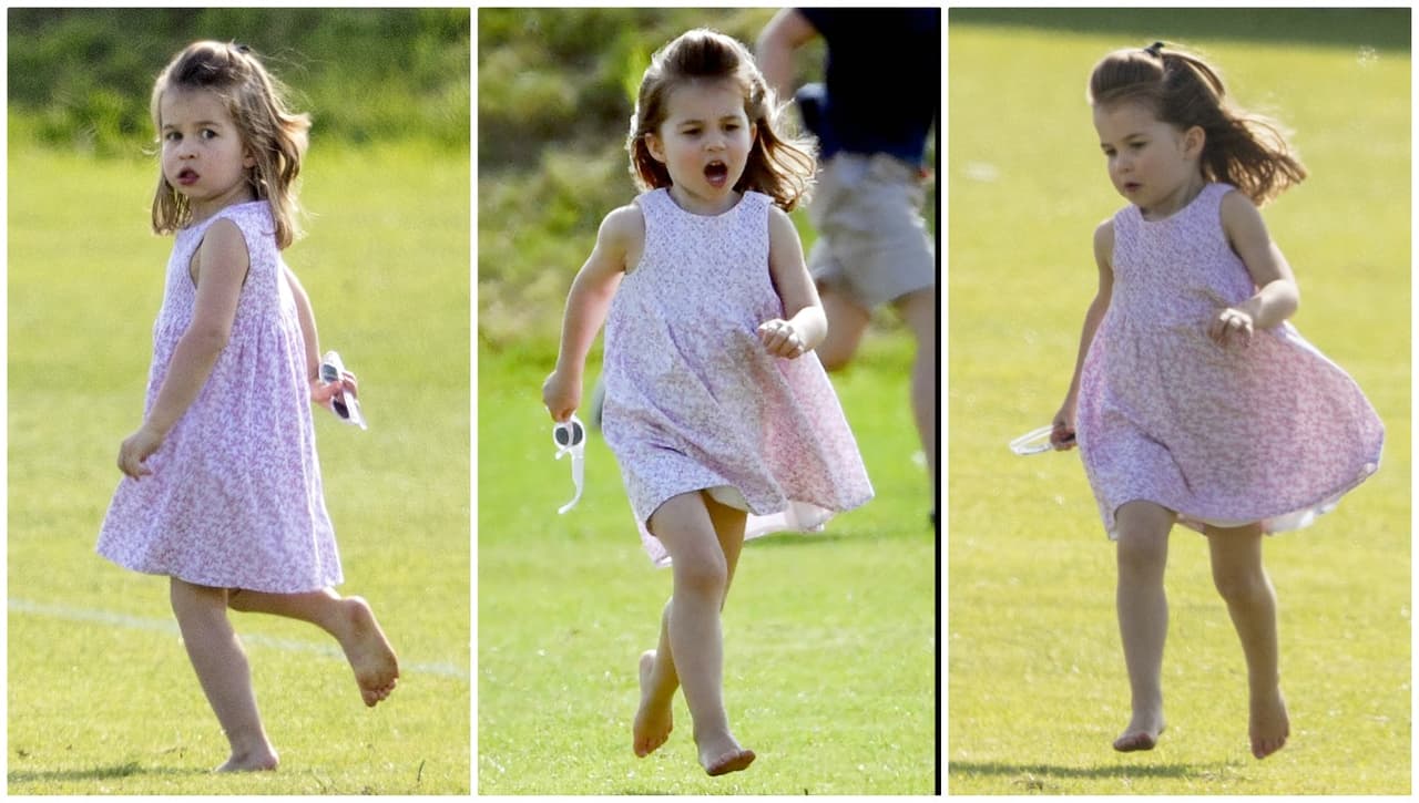 Entrada la tarde, la princesa Charlotte, de 3 años, se deshizo de sus zapatillas rosadas valoradas en 35 dólares y se fue a correr por el campo aledaño a donde se desarrollaba el partido.