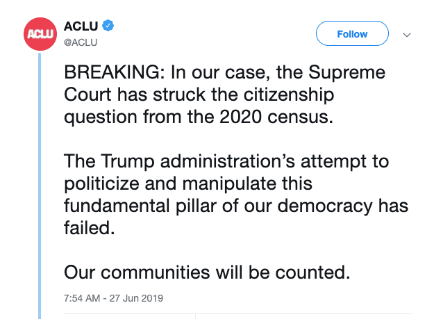 En Twitter, la Unión Americana de Libertades Civiles dijo: "El intento de la administración Trump de politizar y manipular este pilar fundamental de nuestra democracia ha fracasado".
