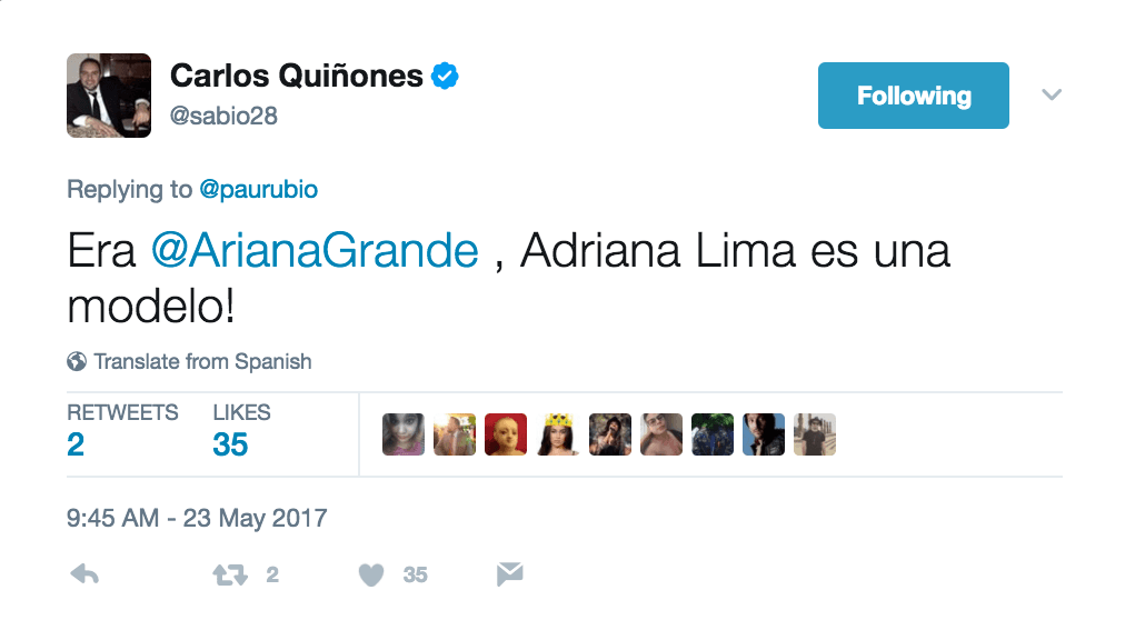 Aquí su respuesta en el momento, un minuto después de la publicación de Paulina Rubio, a las 9:45 am.
