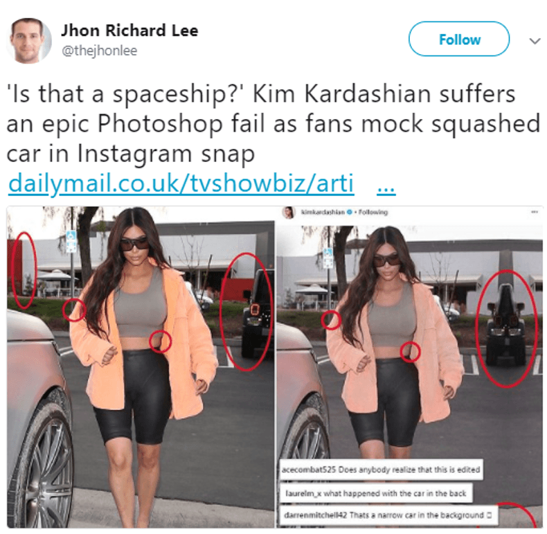 "¿Eso es una nave espacial?" Por obra y gracia del Photoshop, la esposa de Kanye West redujo su cintura y de paso convirtió en algún tipo de 'Transformer' un vehículo que estaba detrás de ella, señalaron sus seguidores.