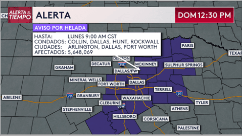 Aumenta riesgo de congelamiento este domingo en el norte de Texas y algunas partes del Metroplex están bajo aviso de helada