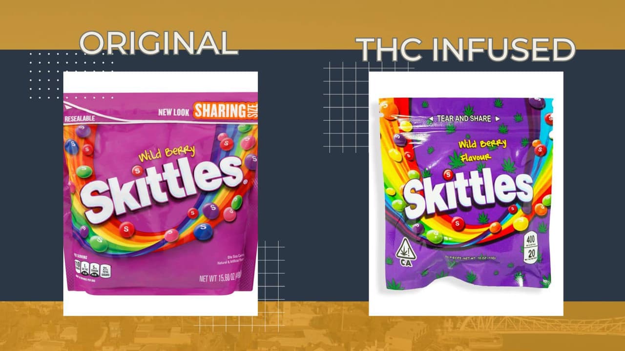 Así se ven los Skittles originales (a la izquierda) y así un producto que imita su empaque, pero tiene THC.
<br>Inspecciona los dulces de Halloween de tu hijo minuciosamente: antes de permitir que tus hijos consuman los dulces que recibieron, asegúrate de revisarlos detenidamente. Busca signos de manipulación, empaques dañados o cualquier cosa que te haga sospechar que el dulce no es seguro.