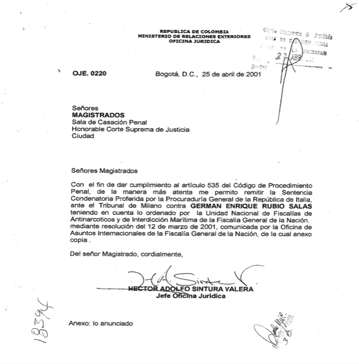 Documento notificando a una corte colombiana la condena a Rubio en Italia.
<br>