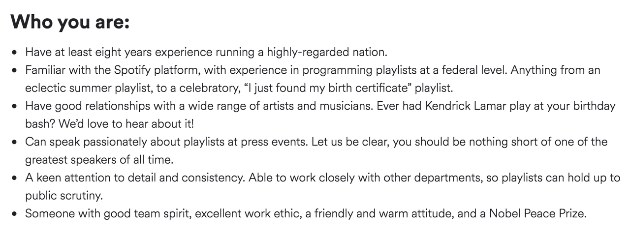 Descripción del trabajo de Presidente de playlists en Spotify.