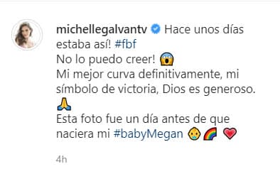 "Hace unos días estaba así! No lo puedo creer. Mi mejor curva definitivamente, símbolo de victoria. Dios es generoso. Esta foto fue un día antes de que naciera mi #babyMegan", escribió