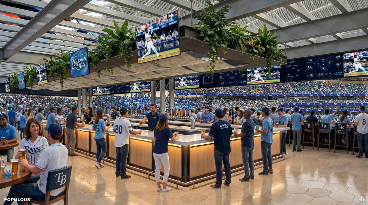 Los renders muestran un amplio bar con vista al jardín central, espacios sociales y áreas premium junto a los bullpens. El proyecto busca convertir cada visita al estadio en una experiencia para toda la familia, más allá del béisbol.
